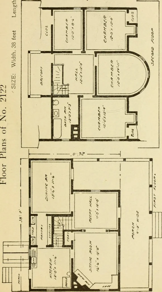 An illustration from Hodgson's modern house building : perspective views and floor plans of fifty low and medium priced houses ; full and complete working plans and specifications of any of these houses will be mailed at the low prices named, on the same day the order is received ; illustrated, 1905, leaf 96