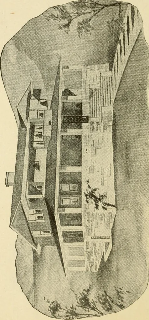 An illustration from Hodgson's modern house building : perspective views and floor plans of fifty low and medium priced houses ; full and complete working plans and specifications of any of these houses will be mailed at the low prices named, on the same day the order is received ; illustrated, 1905, leaf 97