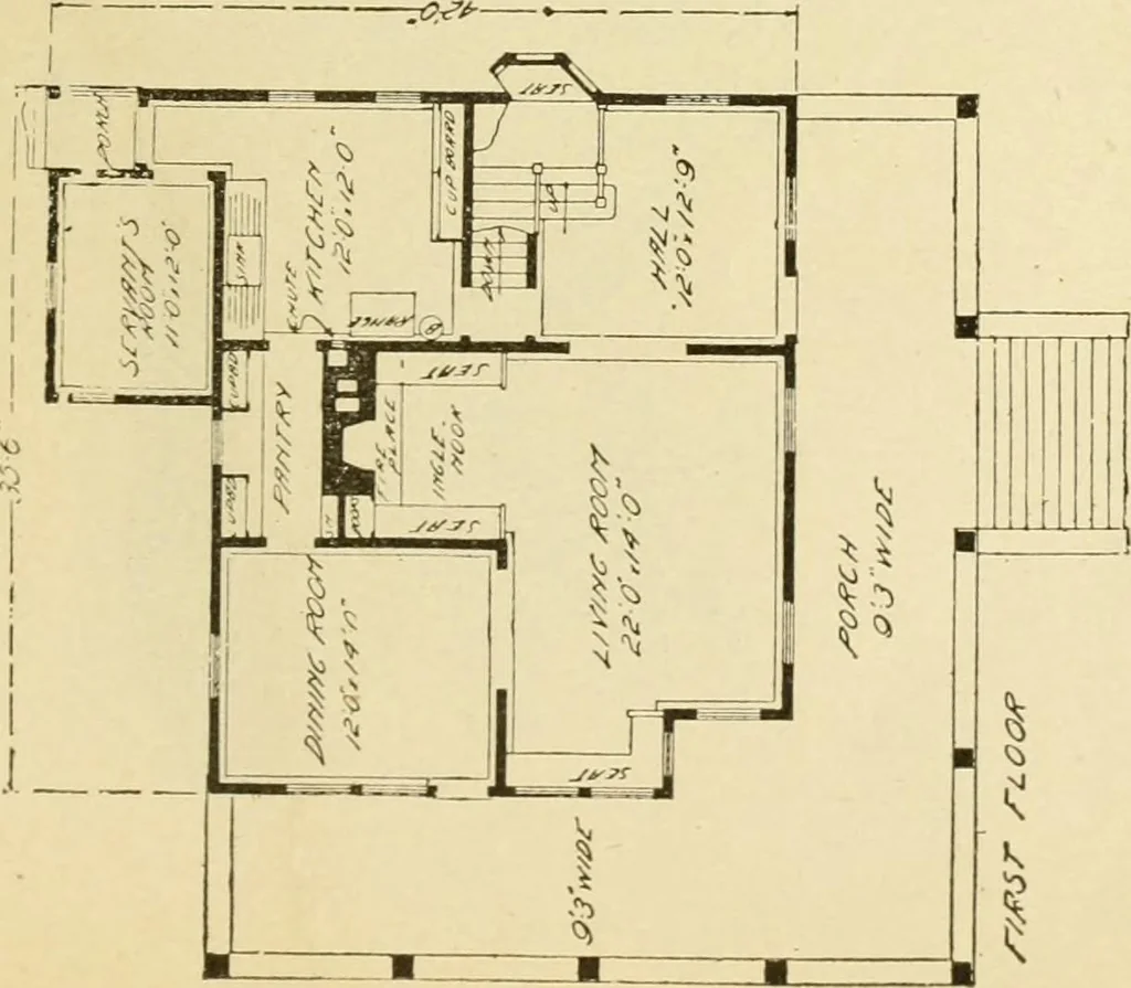 An illustration from Hodgson's modern house building : perspective views and floor plans of fifty low and medium priced houses ; full and complete working plans and specifications of any of these houses will be mailed at the low prices named, on the same day the order is received ; illustrated, 1905, leaf 98