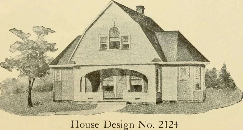 An illustration from Hodgson's modern house building : perspective views and floor plans of fifty low and medium priced houses ; full and complete working plans and specifications of any of these houses will be mailed at the low prices named, on the same day the order is received ; illustrated, 1905, leaf 99