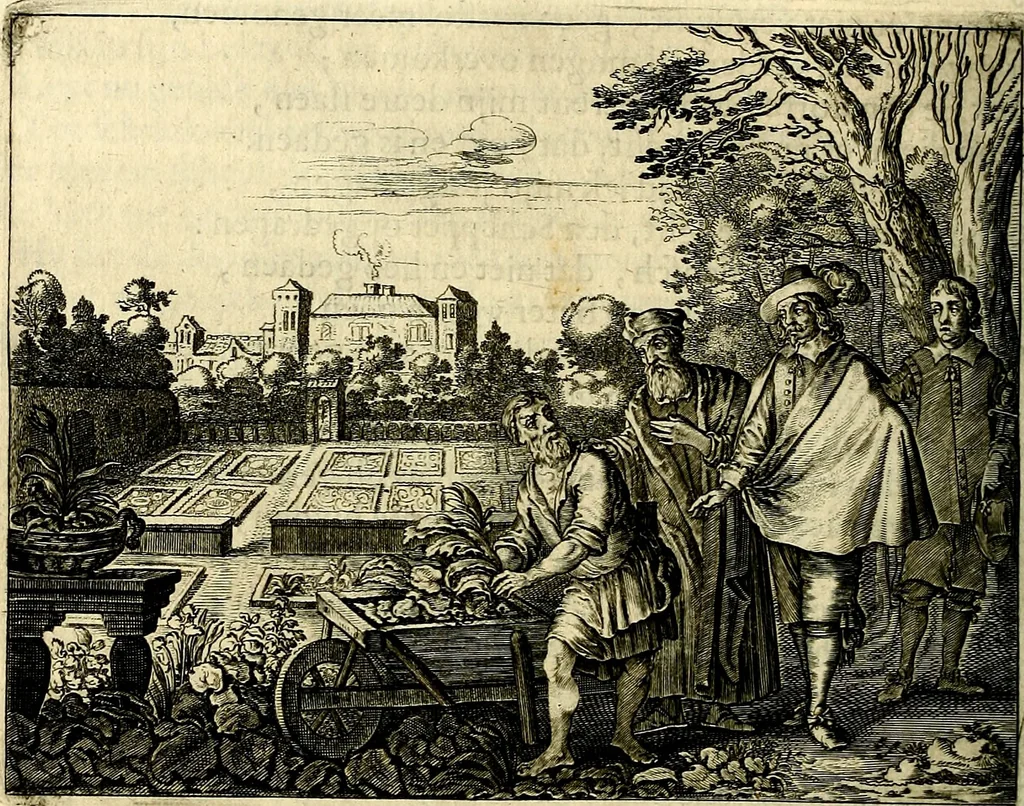 An illustration from Hof-gedachten, dat is, invallen, by gelegentheyt oft op't gesichte van boomen, planten, bloemen, kruyden, en diergelijcke aerdt-gewassen, verweckt, in't Buyten-leven, 1655, leaf 37