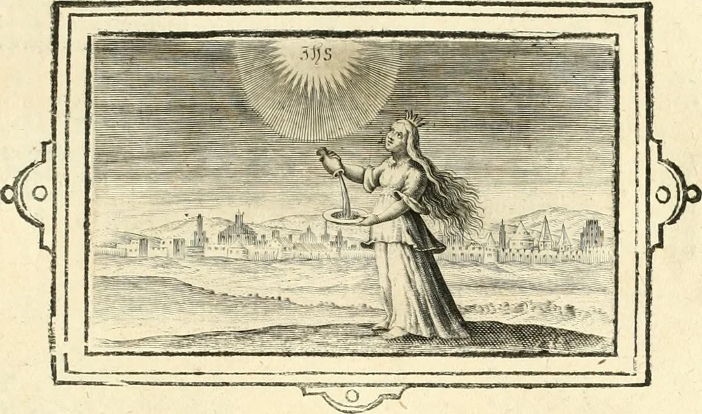 An illustration from Hohe geistreiche Lehren vnd Erklärungen vber die fürnembsten Sprüche dess Hohen Lieds Salomonis von der Liebhabenden Seele : das ist, der Christlichen Kirchen vnd jhrem Gemahl Jesu Christo, 1622, leaf 10