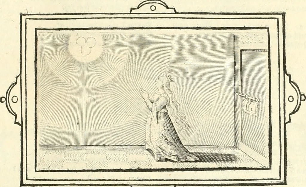 An illustration from Hohe geistreiche Lehren vnd Erklärungen vber die fürnembsten Sprüche dess Hohen Lieds Salomonis von der Liebhabenden Seele : das ist, der Christlichen Kirchen vnd jhrem Gemahl Jesu Christo, 1622, leaf 128