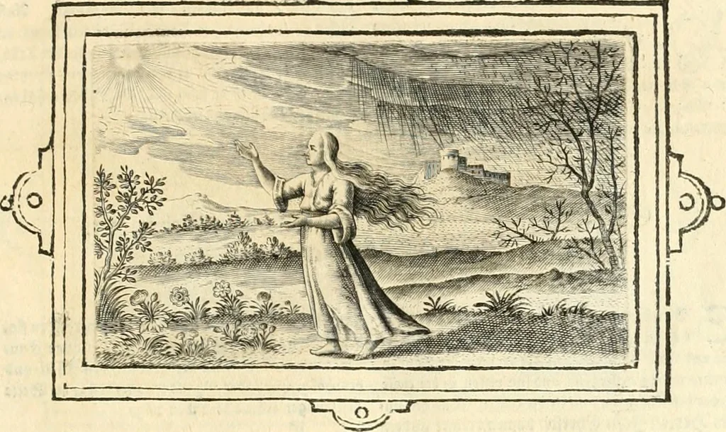 An illustration from Hohe geistreiche Lehren vnd Erklärungen vber die fürnembsten Sprüche dess Hohen Lieds Salomonis von der Liebhabenden Seele : das ist, der Christlichen Kirchen vnd jhrem Gemahl Jesu Christo, 1622, leaf 40