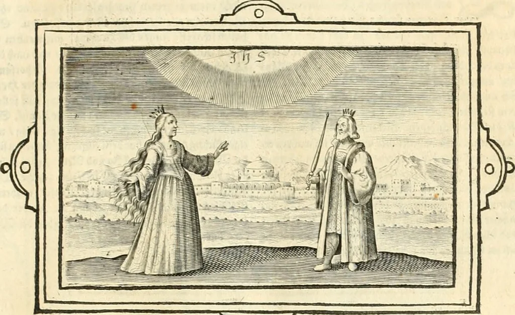 An illustration from Hohe geistreiche Lehren vnd Erklärungen vber die fürnembsten Sprüche dess Hohen Lieds Salomonis von der Liebhabenden Seele : das ist, der Christlichen Kirchen vnd jhrem Gemahl Jesu Christo, 1622, leaf 64