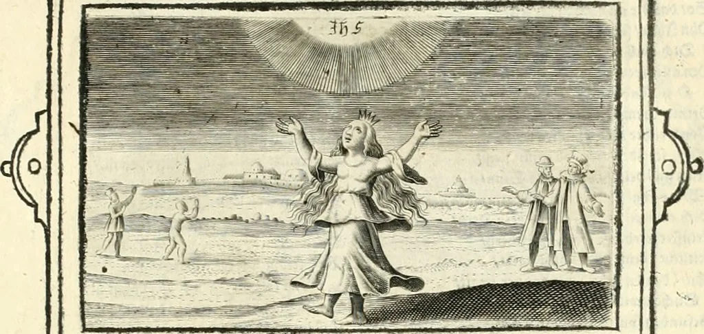 An illustration from Hohe geistreiche Lehren vnd Erklärungen vber die fürnembsten Sprüche dess Hohen Lieds Salomonis von der Liebhabenden Seele : das ist, der Christlichen Kirchen vnd jhrem Gemahl Jesu Christo, 1622, leaf 84