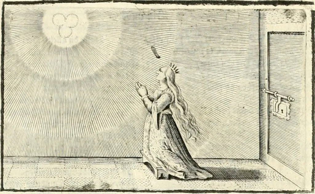 An illustration from Hohe geistreiche Lehren vnd Erklärungen vber die fürnembsten Sprüche dess Hohen Lieds Salomonis von der Liebhabenden Seele : das ist, der Christlichen Kirchen vnd jhrem Gemahl Jesu Christo, 1622, leaf 96
