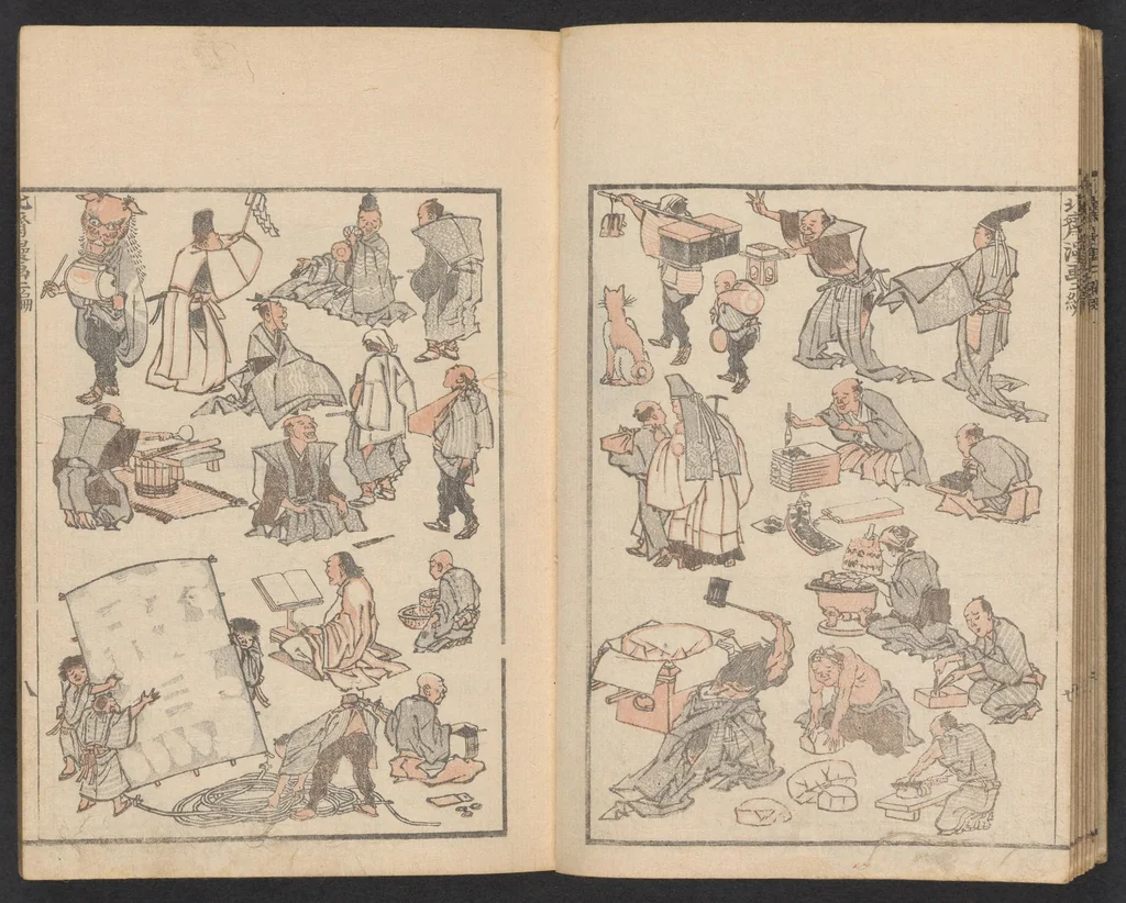 An illustration from Hokusai manga. Nihen, yonhen, gohen, shichihen, kyuhen, junihen, 1600, leaf 10