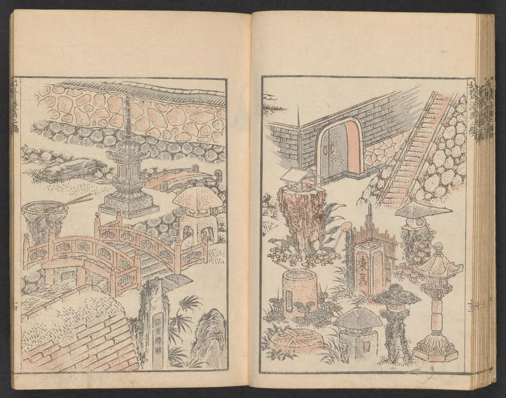 An illustration from Hokusai manga. Nihen, yonhen, gohen, shichihen, kyuhen, junihen, 1600, leaf 16
