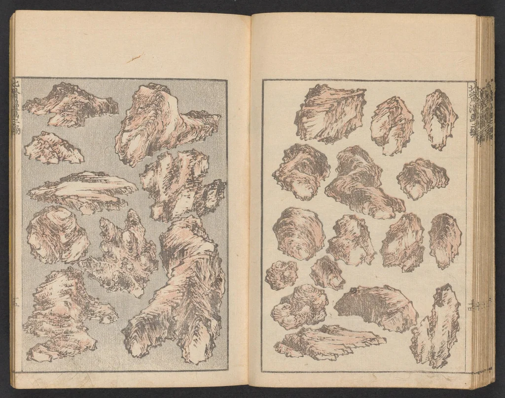 An illustration from Hokusai manga. Nihen, yonhen, gohen, shichihen, kyuhen, junihen, 1600, leaf 17