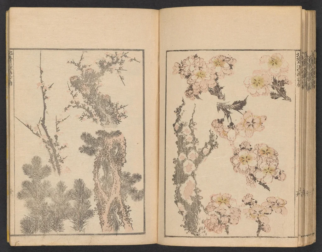 An illustration from Hokusai manga. Nihen, yonhen, gohen, shichihen, kyuhen, junihen, 1600, leaf 22