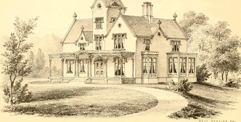 An illustration from Holly's country seats: containing lithographic designs for cottages, villas, mansions, etc., with their accompanying outbuildings; also, country churches, city buildings, railway stations, etc., etc, 1863, leaf 107