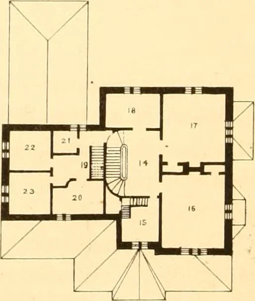 An illustration from Holly's country seats: containing lithographic designs for cottages, villas, mansions, etc., with their accompanying outbuildings; also, country churches, city buildings, railway stations, etc., etc, 1863, leaf 107