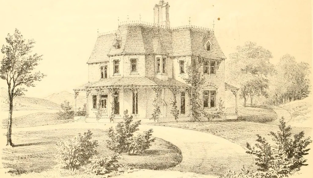 An illustration from Holly's country seats: containing lithographic designs for cottages, villas, mansions, etc., with their accompanying outbuildings; also, country churches, city buildings, railway stations, etc., etc, 1863, leaf 121