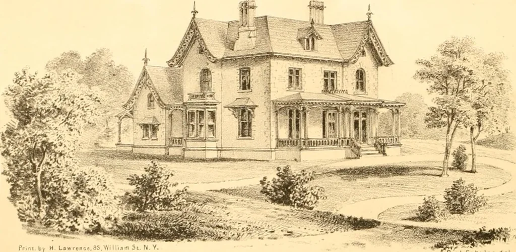 An illustration from Holly's country seats: containing lithographic designs for cottages, villas, mansions, etc., with their accompanying outbuildings; also, country churches, city buildings, railway stations, etc., etc, 1863, leaf 127