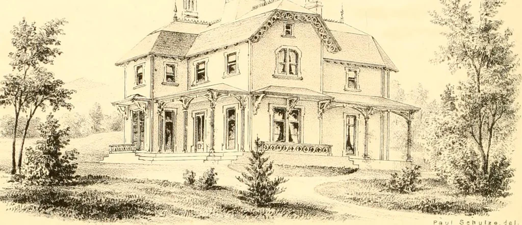An illustration from Holly's country seats: containing lithographic designs for cottages, villas, mansions, etc., with their accompanying outbuildings; also, country churches, city buildings, railway stations, etc., etc, 1863, leaf 135