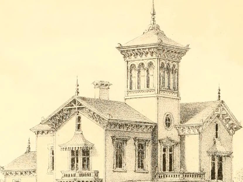 An illustration from Holly's country seats: containing lithographic designs for cottages, villas, mansions, etc., with their accompanying outbuildings; also, country churches, city buildings, railway stations, etc., etc, 1863, leaf 147