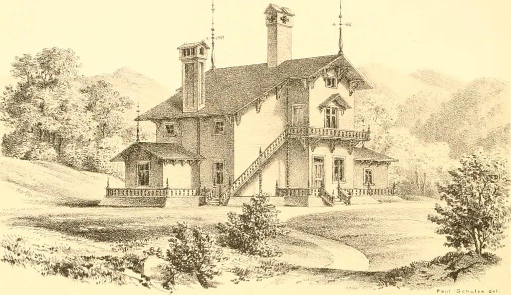 An illustration from Holly's country seats: containing lithographic designs for cottages, villas, mansions, etc., with their accompanying outbuildings; also, country churches, city buildings, railway stations, etc., etc, 1863, leaf 153