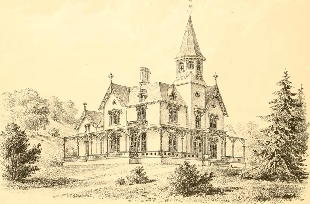 An illustration from Holly's country seats: containing lithographic designs for cottages, villas, mansions, etc., with their accompanying outbuildings; also, country churches, city buildings, railway stations, etc., etc, 1863, leaf 159