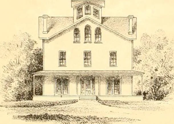 An illustration from Holly's country seats: containing lithographic designs for cottages, villas, mansions, etc., with their accompanying outbuildings; also, country churches, city buildings, railway stations, etc., etc, 1863, leaf 159