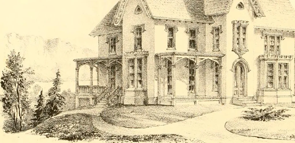 An illustration from Holly's country seats: containing lithographic designs for cottages, villas, mansions, etc., with their accompanying outbuildings; also, country churches, city buildings, railway stations, etc., etc, 1863, leaf 165