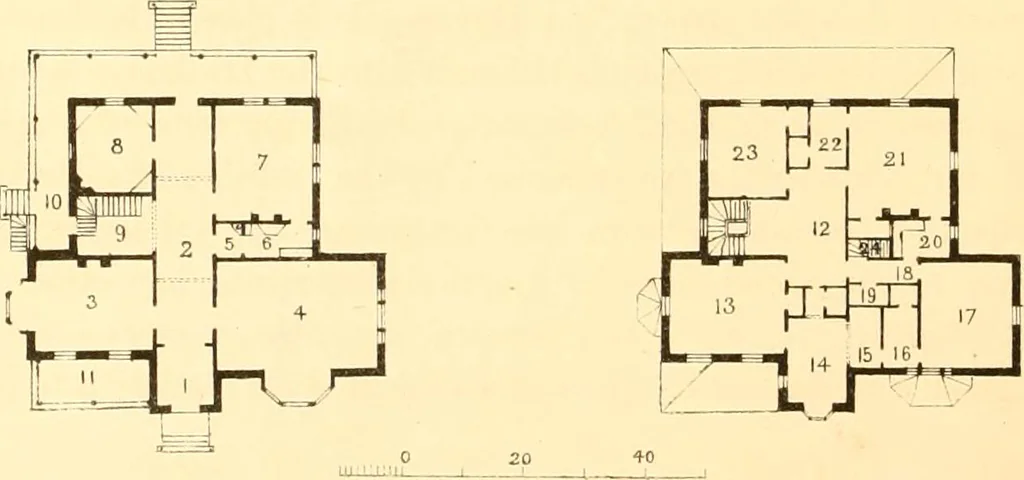 An illustration from Holly's country seats: containing lithographic designs for cottages, villas, mansions, etc., with their accompanying outbuildings; also, country churches, city buildings, railway stations, etc., etc, 1863, leaf 165