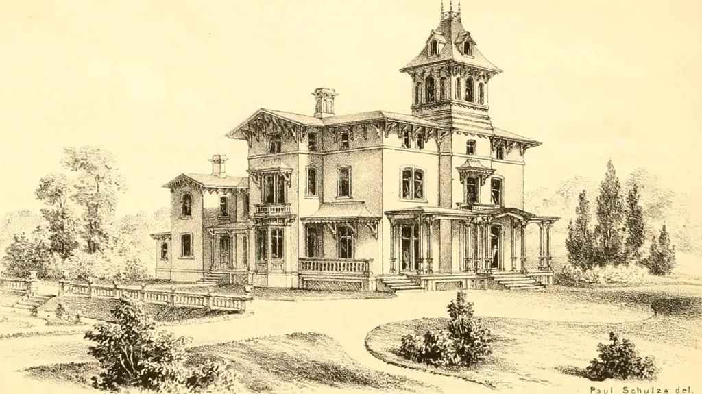 An illustration from Holly's country seats: containing lithographic designs for cottages, villas, mansions, etc., with their accompanying outbuildings; also, country churches, city buildings, railway stations, etc., etc, 1863, leaf 177