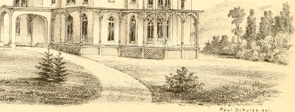An illustration from Holly's country seats: containing lithographic designs for cottages, villas, mansions, etc., with their accompanying outbuildings; also, country churches, city buildings, railway stations, etc., etc, 1863, leaf 183