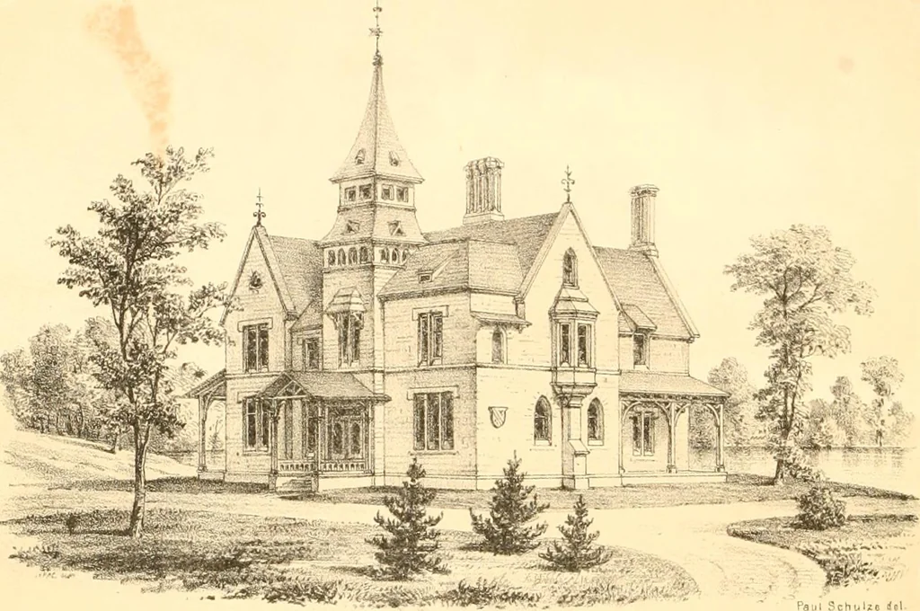 An illustration from Holly's country seats: containing lithographic designs for cottages, villas, mansions, etc., with their accompanying outbuildings; also, country churches, city buildings, railway stations, etc., etc, 1863, leaf 189