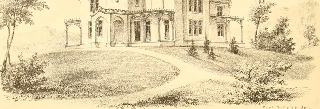 An illustration from Holly's country seats: containing lithographic designs for cottages, villas, mansions, etc., with their accompanying outbuildings; also, country churches, city buildings, railway stations, etc., etc, 1863, leaf 195