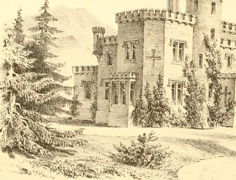 An illustration from Holly's country seats: containing lithographic designs for cottages, villas, mansions, etc., with their accompanying outbuildings; also, country churches, city buildings, railway stations, etc., etc, 1863, leaf 201