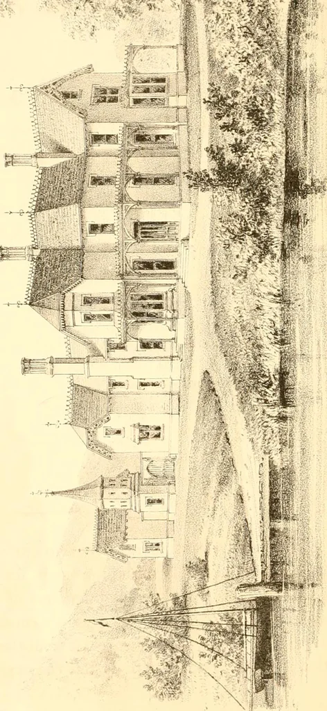 An illustration from Holly's country seats: containing lithographic designs for cottages, villas, mansions, etc., with their accompanying outbuildings; also, country churches, city buildings, railway stations, etc., etc, 1863, leaf 209