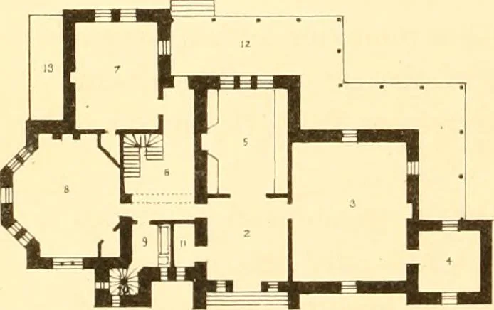 An illustration from Holly's country seats: containing lithographic designs for cottages, villas, mansions, etc., with their accompanying outbuildings; also, country churches, city buildings, railway stations, etc., etc, 1863, leaf 213