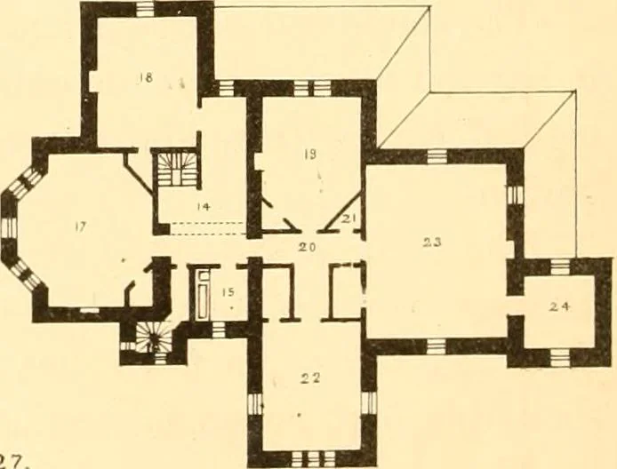 An illustration from Holly's country seats: containing lithographic designs for cottages, villas, mansions, etc., with their accompanying outbuildings; also, country churches, city buildings, railway stations, etc., etc, 1863, leaf 213