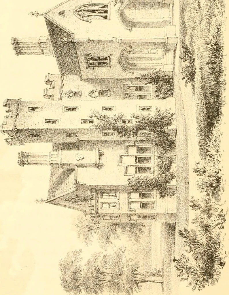 An illustration from Holly's country seats: containing lithographic designs for cottages, villas, mansions, etc., with their accompanying outbuildings; also, country churches, city buildings, railway stations, etc., etc, 1863, leaf 217
