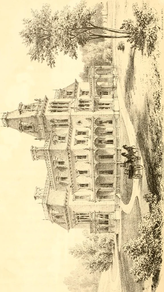 An illustration from Holly's country seats: containing lithographic designs for cottages, villas, mansions, etc., with their accompanying outbuildings; also, country churches, city buildings, railway stations, etc., etc, 1863, leaf 223