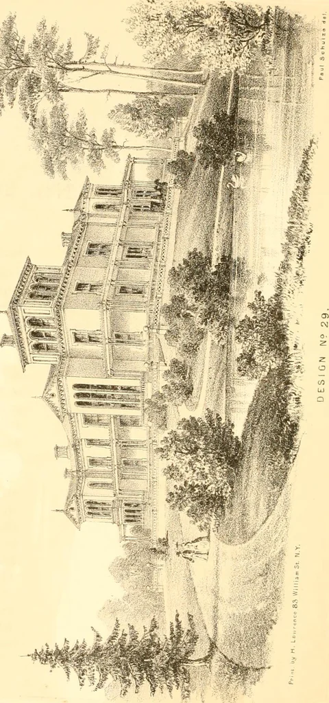 An illustration from Holly's country seats: containing lithographic designs for cottages, villas, mansions, etc., with their accompanying outbuildings; also, country churches, city buildings, railway stations, etc., etc, 1863, leaf 231