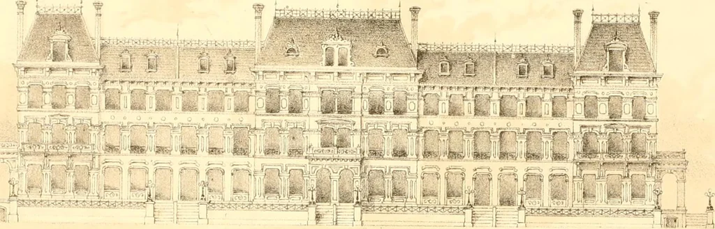 An illustration from Holly's country seats: containing lithographic designs for cottages, villas, mansions, etc., with their accompanying outbuildings; also, country churches, city buildings, railway stations, etc., etc, 1863, leaf 237