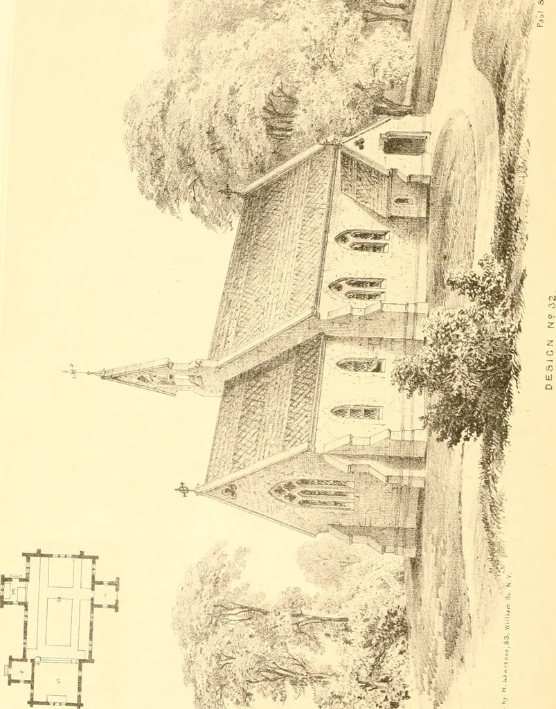 An illustration from Holly's country seats: containing lithographic designs for cottages, villas, mansions, etc., with their accompanying outbuildings; also, country churches, city buildings, railway stations, etc., etc, 1863, leaf 247