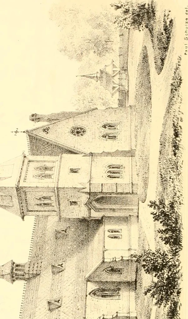An illustration from Holly's country seats: containing lithographic designs for cottages, villas, mansions, etc., with their accompanying outbuildings; also, country churches, city buildings, railway stations, etc., etc, 1863, leaf 253