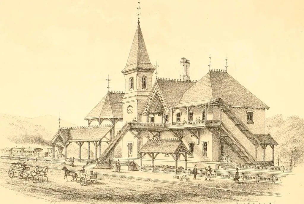 An illustration from Holly's country seats: containing lithographic designs for cottages, villas, mansions, etc., with their accompanying outbuildings; also, country churches, city buildings, railway stations, etc., etc, 1863, leaf 259