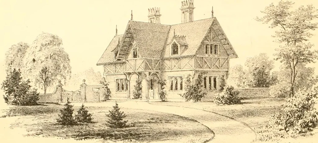 An illustration from Holly's country seats: containing lithographic designs for cottages, villas, mansions, etc., with their accompanying outbuildings; also, country churches, city buildings, railway stations, etc., etc, 1863, leaf 53