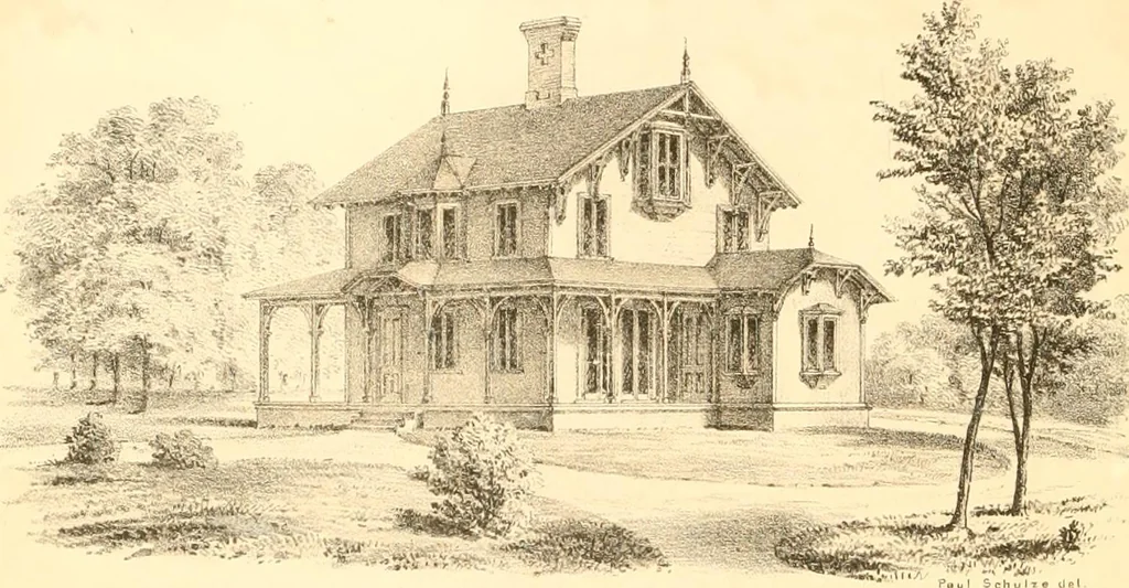 An illustration from Holly's country seats: containing lithographic designs for cottages, villas, mansions, etc., with their accompanying outbuildings; also, country churches, city buildings, railway stations, etc., etc, 1863, leaf 59