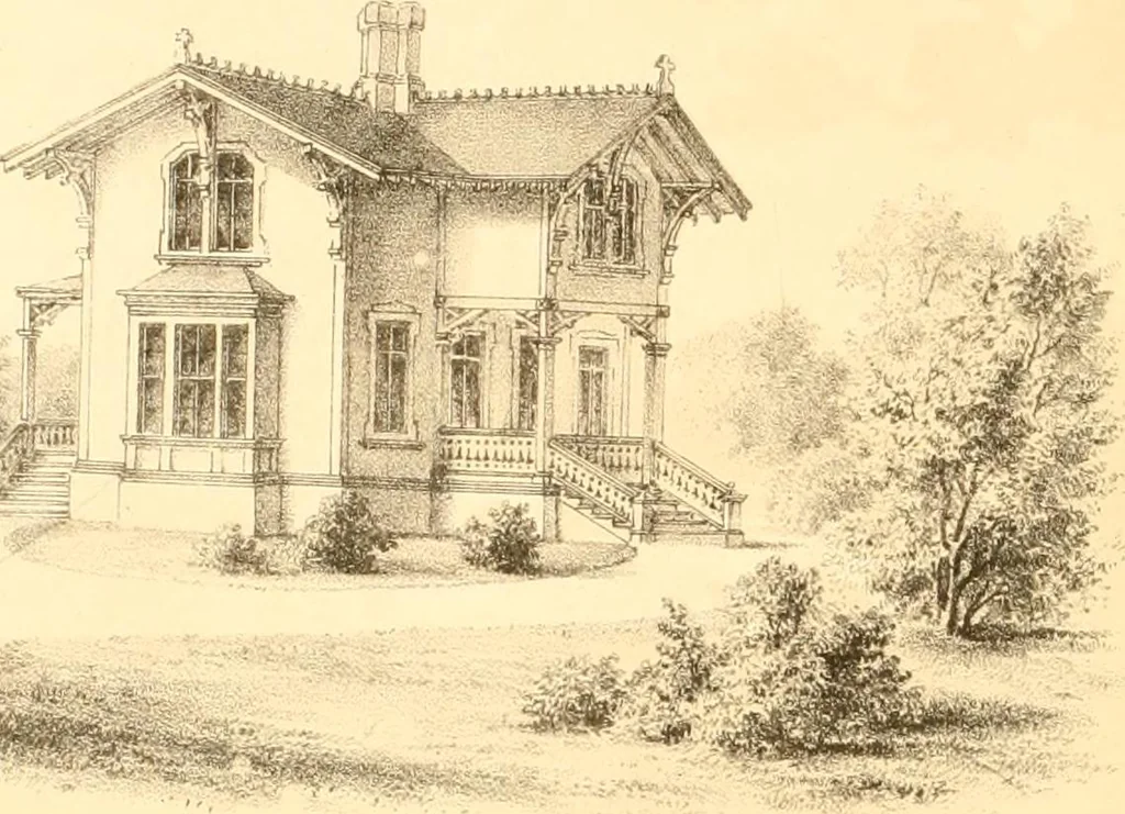 An illustration from Holly's country seats: containing lithographic designs for cottages, villas, mansions, etc., with their accompanying outbuildings; also, country churches, city buildings, railway stations, etc., etc, 1863, leaf 65