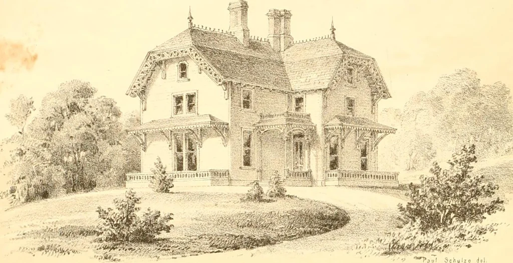 An illustration from Holly's country seats: containing lithographic designs for cottages, villas, mansions, etc., with their accompanying outbuildings; also, country churches, city buildings, railway stations, etc., etc, 1863, leaf 71