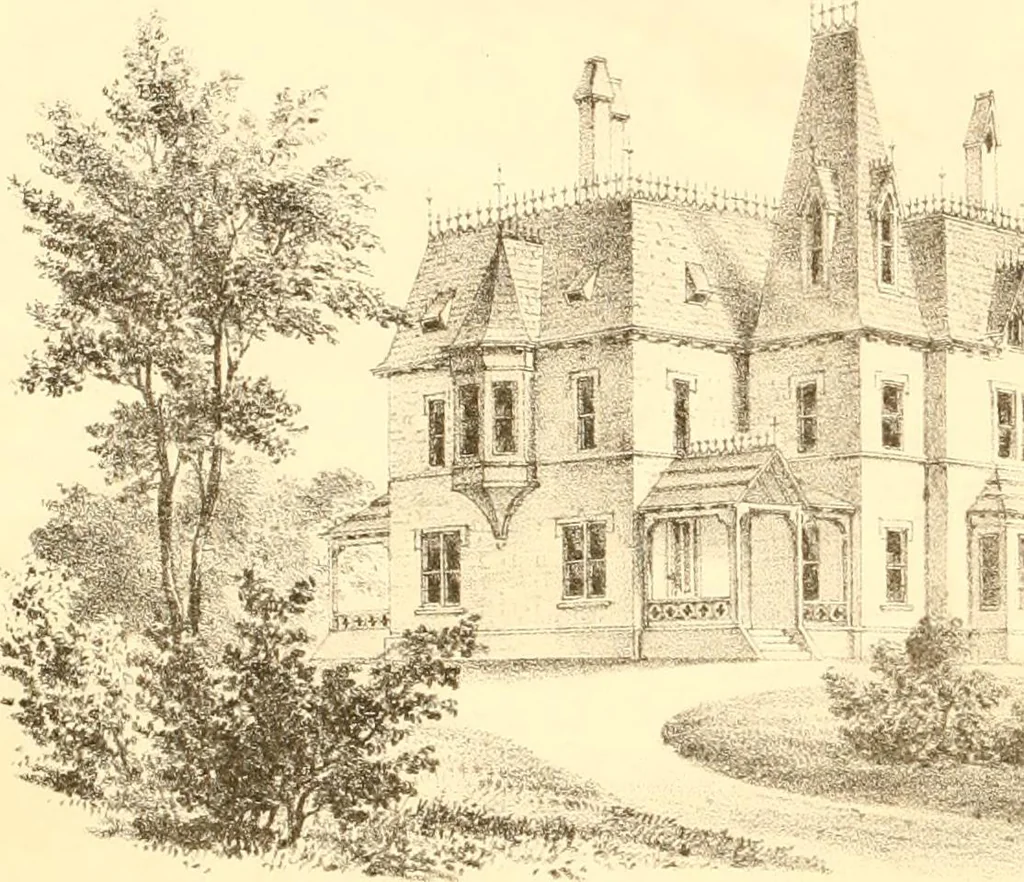 An illustration from Holly's country seats: containing lithographic designs for cottages, villas, mansions, etc., with their accompanying outbuildings; also, country churches, city buildings, railway stations, etc., etc, 1863, leaf 85