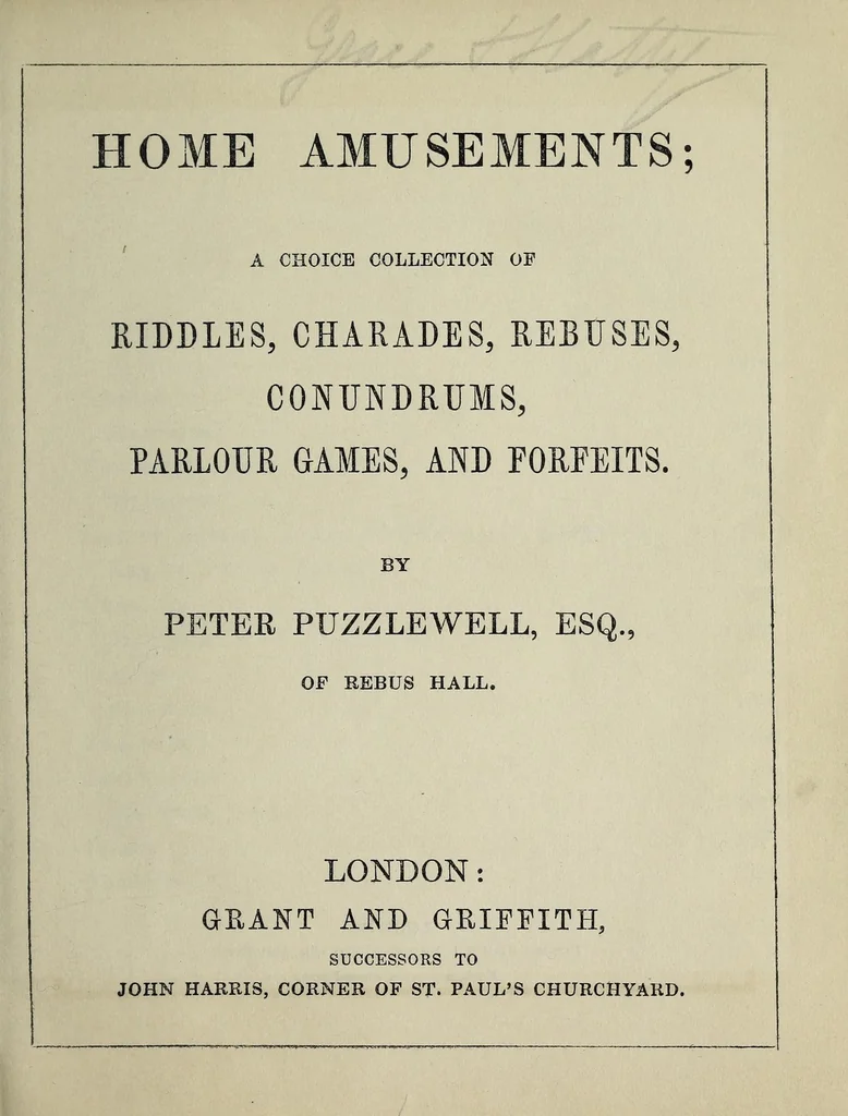 An illustration from Home amusements : a choice collection of riddles, charades, rebuses, conundrums, parlour games, and forfeits, 1840, leaf 9