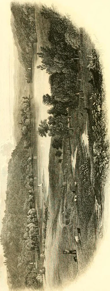 An illustration from The home book of the picturesque, or, American scenery, art, and literature : comprising a series of essays by Washington Irving, W.C. Bryant, Fenimore Cooper, Miss Cooper, N.P. Willis, Bayard Taylor, H.T. Tuckerman, E.L. Magoon, Dr. Bethune, A.B. Street, Miss Field, etc., with thirteen engravings on steel, from pictures by eminent artists, engraved expressly for this work, 1852, leaf 143