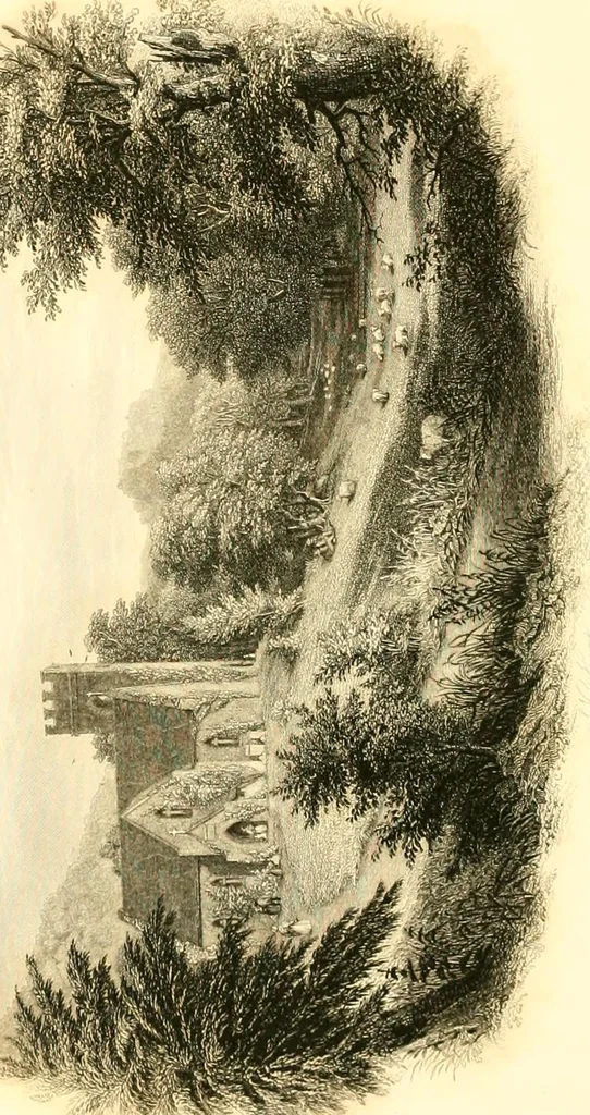 An illustration from The home book of the picturesque, or, American scenery, art, and literature : comprising a series of essays by Washington Irving, W.C. Bryant, Fenimore Cooper, Miss Cooper, N.P. Willis, Bayard Taylor, H.T. Tuckerman, E.L. Magoon, Dr. Bethune, A.B. Street, Miss Field, etc., with thirteen engravings on steel, from pictures by eminent artists, engraved expressly for this work, 1852, leaf 187