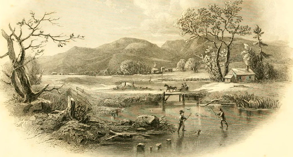 An illustration from The home book of the picturesque, or, American scenery, art, and literature : comprising a series of essays by Washington Irving, W.C. Bryant, Fenimore Cooper, Miss Cooper, N.P. Willis, Bayard Taylor, H.T. Tuckerman, E.L. Magoon, Dr. Bethune, A.B. Street, Miss Field, etc., with thirteen engravings on steel, from pictures by eminent artists, engraved expressly for this work, 1852, leaf 193